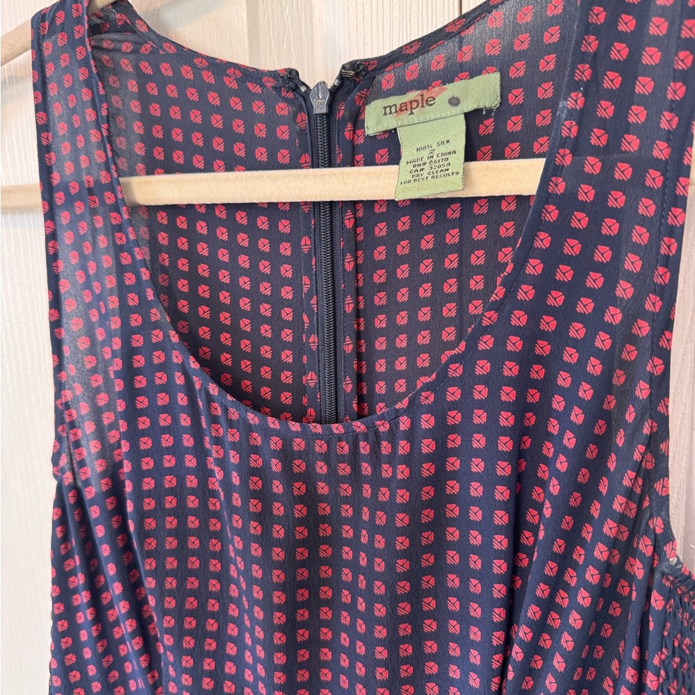 Maple 100% Silk Navy and Red Smock Waist Scoop Neck Sleeveless Dress size 2 - Picture 5 of 14